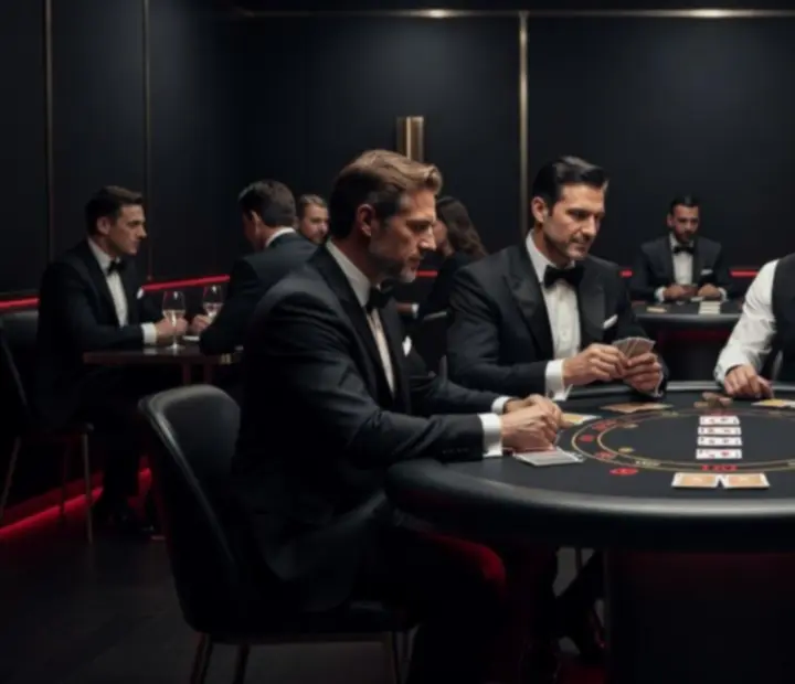 Elegantný firemný večer s tematickými hracími stolmi v čierno-červenom štýle Grand Occasion Hub
